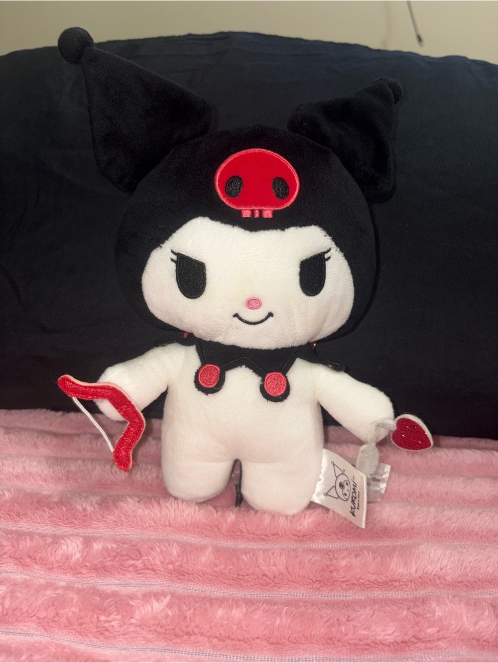Black & White Plush Character Toy with Red Accents - Cute Kids Stuffed Animal